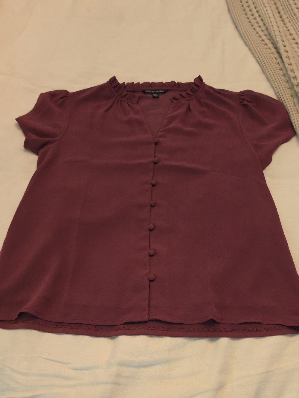 41 Hawthorn Short-Sleeve Button-Front Ruffle Neck Blouse in Wine